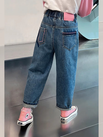 Jeansi pentru fete, stil coreean, 90.1% bumbac, talie medie cu elastic, finisaj moale, pantaloni lungi