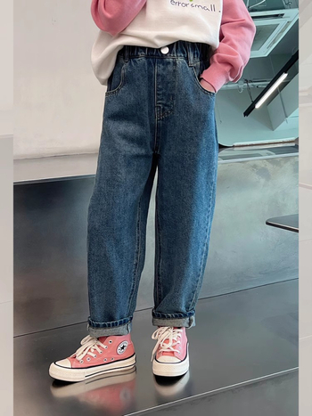 Jeansi pentru fete, stil coreean, 90.1% bumbac, talie medie cu elastic, finisaj moale, pantaloni lungi
