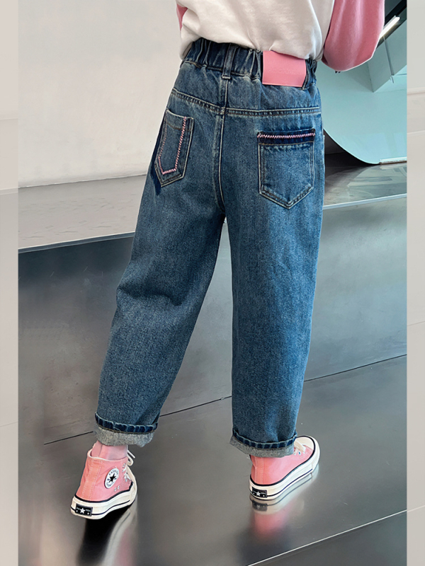 Jeansi pentru fete, stil coreean, 90.1% bumbac, talie medie cu elastic, finisaj moale, pantaloni lungi