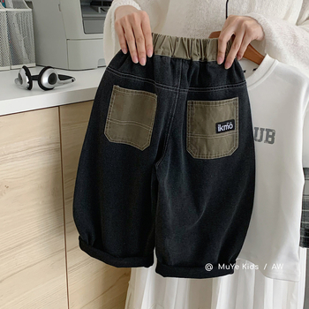 Pantaloni pentru copii în stil coreean, țesătură din amestec bumbac-poliester (40% bumbac, 60% poliester), talie joasă, finisaj prin spălare cu nisip, pantaloni casual.