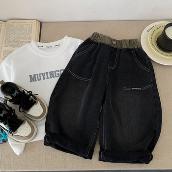 Pantaloni pentru copii în stil coreean, țesătură din amestec bumbac-poliester (40% bumbac, 60% poliester), talie joasă, finisaj prin spălare cu nisip, pantaloni casual.