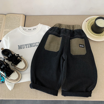 Pantaloni pentru copii în stil coreean, țesătură din amestec bumbac-poliester (40% bumbac, 60% poliester), talie joasă, finisaj prin spălare cu nisip, pantaloni casual.