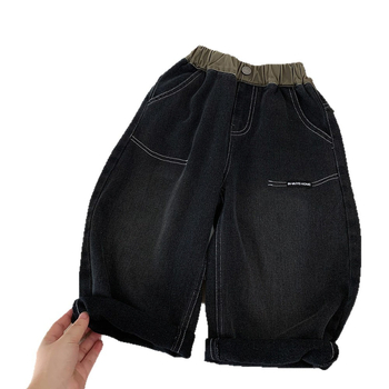 Pantaloni pentru copii în stil coreean, țesătură din amestec bumbac-poliester (40% bumbac, 60% poliester), talie joasă, finisaj prin spălare cu nisip, pantaloni casual.