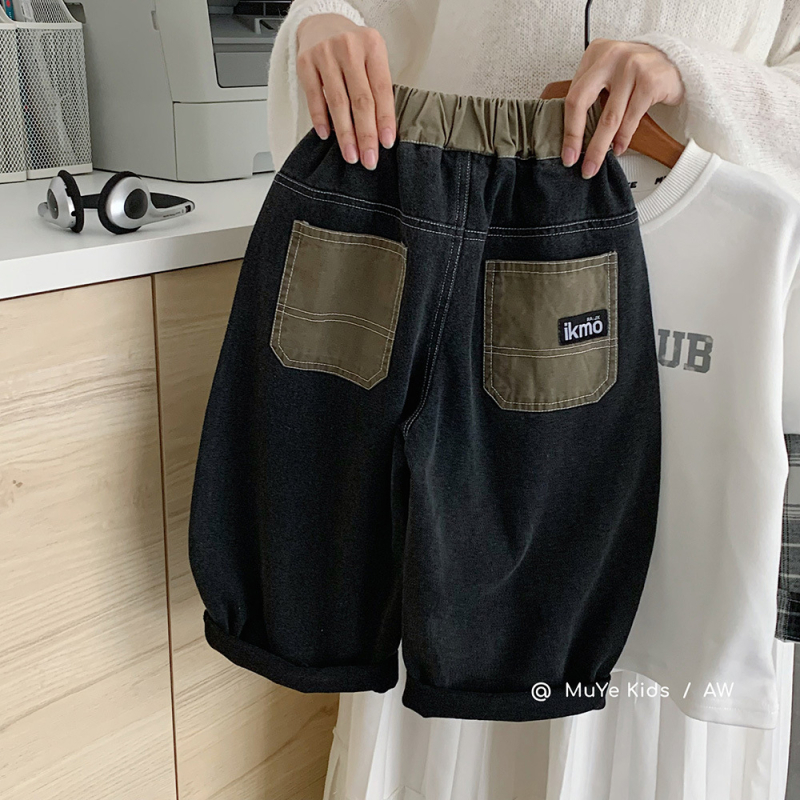 Pantaloni pentru copii în stil coreean, țesătură din amestec bumbac-poliester (40% bumbac, 60% poliester), talie joasă, finisaj prin spălare cu nisip, pantaloni casual.