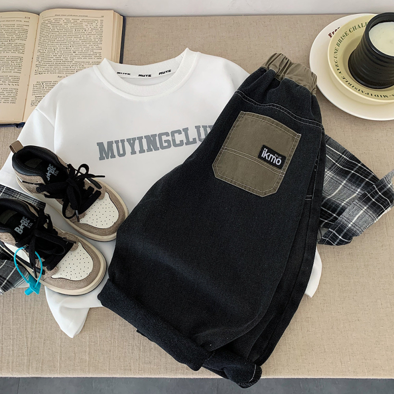 Pantaloni pentru copii în stil coreean, țesătură din amestec bumbac-poliester (40% bumbac, 60% poliester), talie joasă, finisaj prin spălare cu nisip, pantaloni casual.