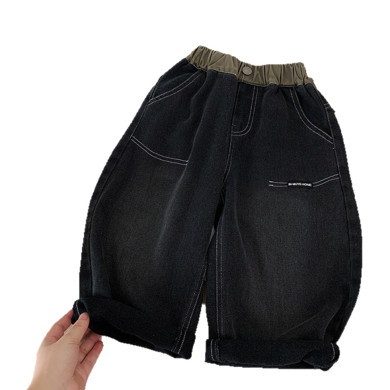 Pantaloni pentru copii în stil coreean, țesătură din amestec bumbac-poliester (40% bumbac, 60% poliester), talie joasă, finisaj prin spălare cu nisip, pantaloni casual.