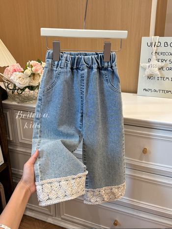 Дънки за момичета в корейски стил с дантела, 50% памук, средна талия, еластичен колан, ежедневни прави панталони, за деца 3–8 години, Пролет 2024