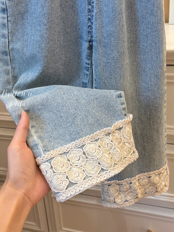 Дънки за момичета в корейски стил с дантела, 50% памук, средна талия, еластичен колан, ежедневни прави панталони, за деца 3–8 години, Пролет 2024