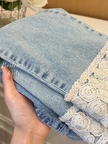 Дънки за момичета в корейски стил с дантела, 50% памук, средна талия, еластичен колан, ежедневни прави панталони, за деца 3–8 години, Пролет 2024