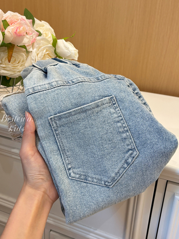 Дънки за момичета в корейски стил с дантела, 50% памук, средна талия, еластичен колан, ежедневни прави панталони, за деца 3–8 години, Пролет 2024