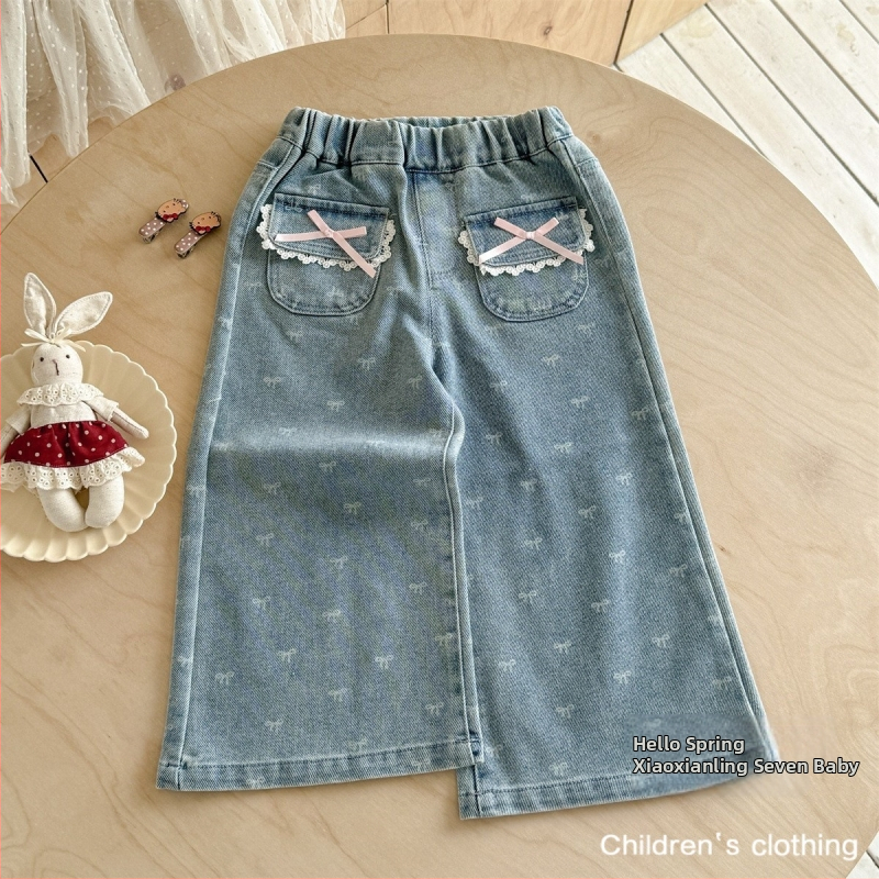 Meitenēm flared džinsi, 90% kokvilna, vidējā josta, bērniem no 3 līdz 8 gadiem, rudens