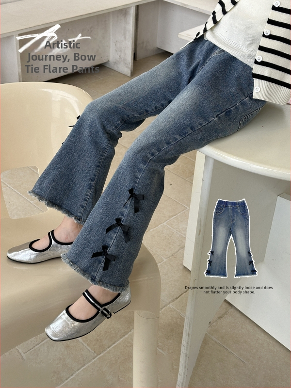 Meitenēm ikdienas džinsi no kokvilnas denima, vidējais jostas līmenis, mīksta apdare, 50,9% kokvilna, raksti: vienkrāsains, karikatūras, burti