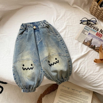 Детски дънкови панталони в корейски стил, унисекс, пролетно-есенни, еластичен пояс, 80% памук