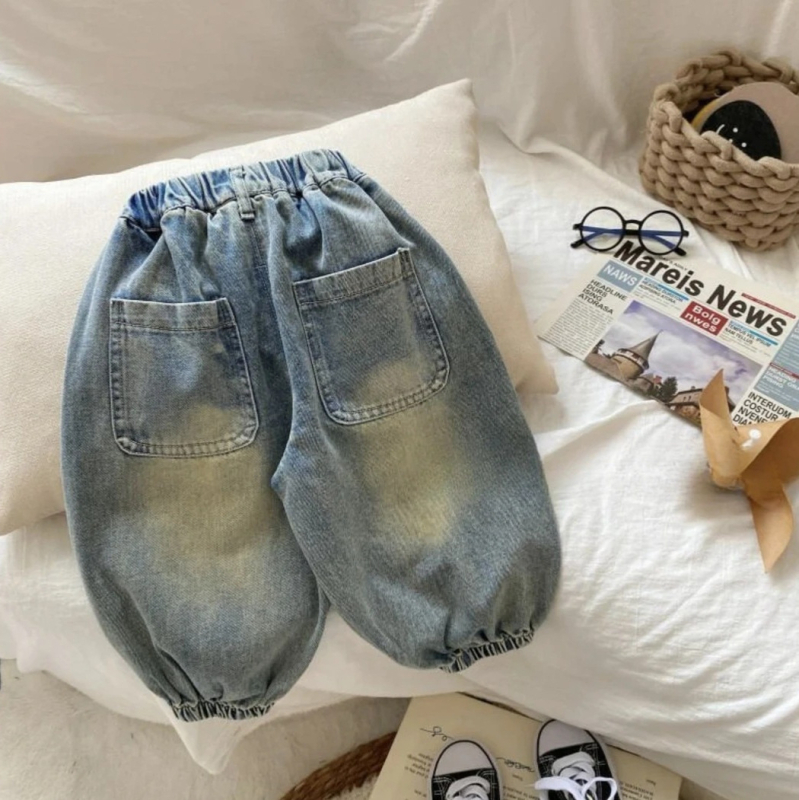 Детски дънкови панталони в корейски стил, унисекс, пролетно-есенни, еластичен пояс, 80% памук