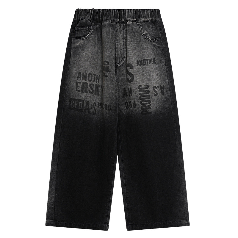 Дънкови панталони за момчета с градиентна подплата и широк крак, зима 2025