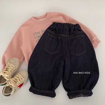 Детски дънки в корейски стил, памук 58,6% и регенерирано целулозно влакно, меко третиране, средна талия с ластичен колан, унисекс за деца 3-8 г, Зима 2025.