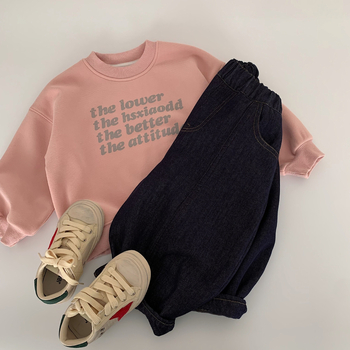 Детски дънки в корейски стил, памук 58,6% и регенерирано целулозно влакно, меко третиране, средна талия с ластичен колан, унисекс за деца 3-8 г, Зима 2025.