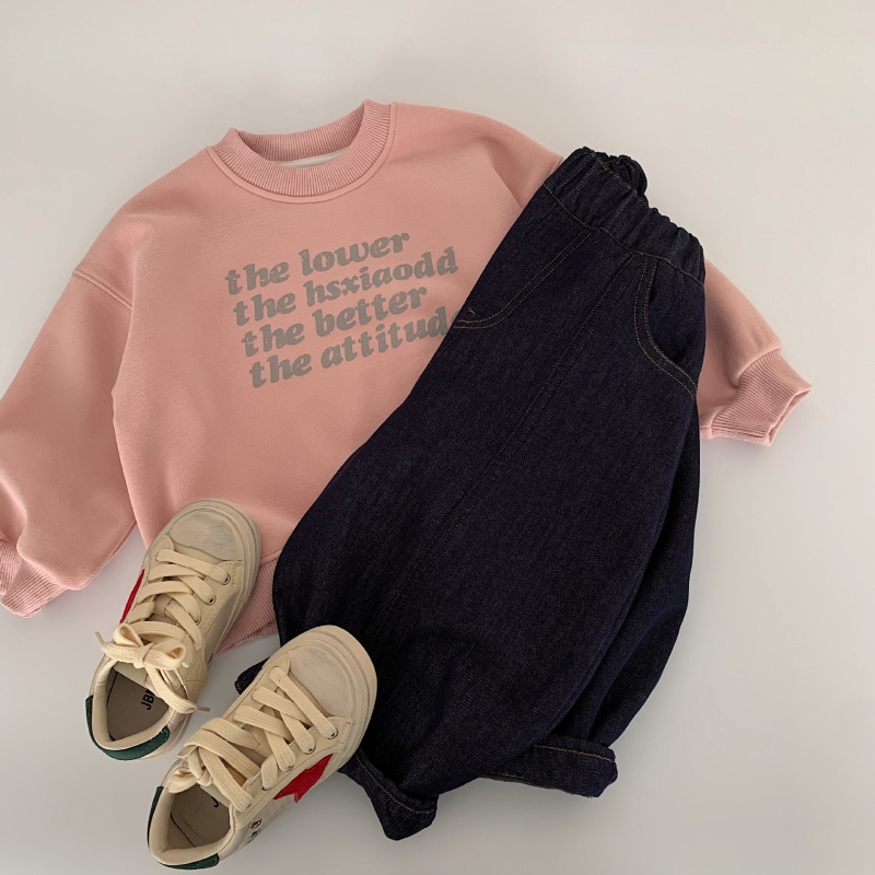 Детски дънки в корейски стил, памук 58,6% и регенерирано целулозно влакно, меко третиране, средна талия с ластичен колан, унисекс за деца 3-8 г, Зима 2025.