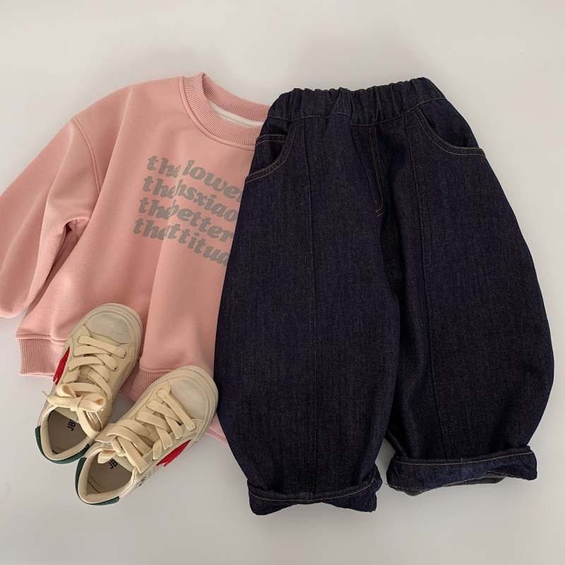 Детски дънки в корейски стил, памук 58,6% и регенерирано целулозно влакно, меко третиране, средна талия с ластичен колан, унисекс за деца 3-8 г, Зима 2025.