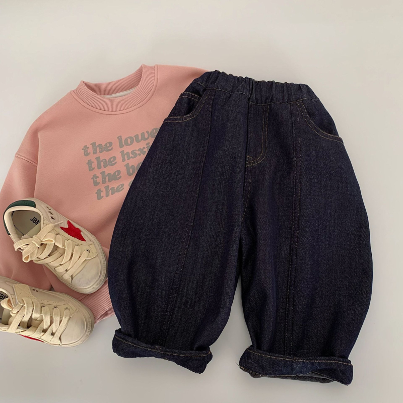 Детски дънки в корейски стил, памук 58,6% и регенерирано целулозно влакно, меко третиране, средна талия с ластичен колан, унисекс за деца 3-8 г, Зима 2025.