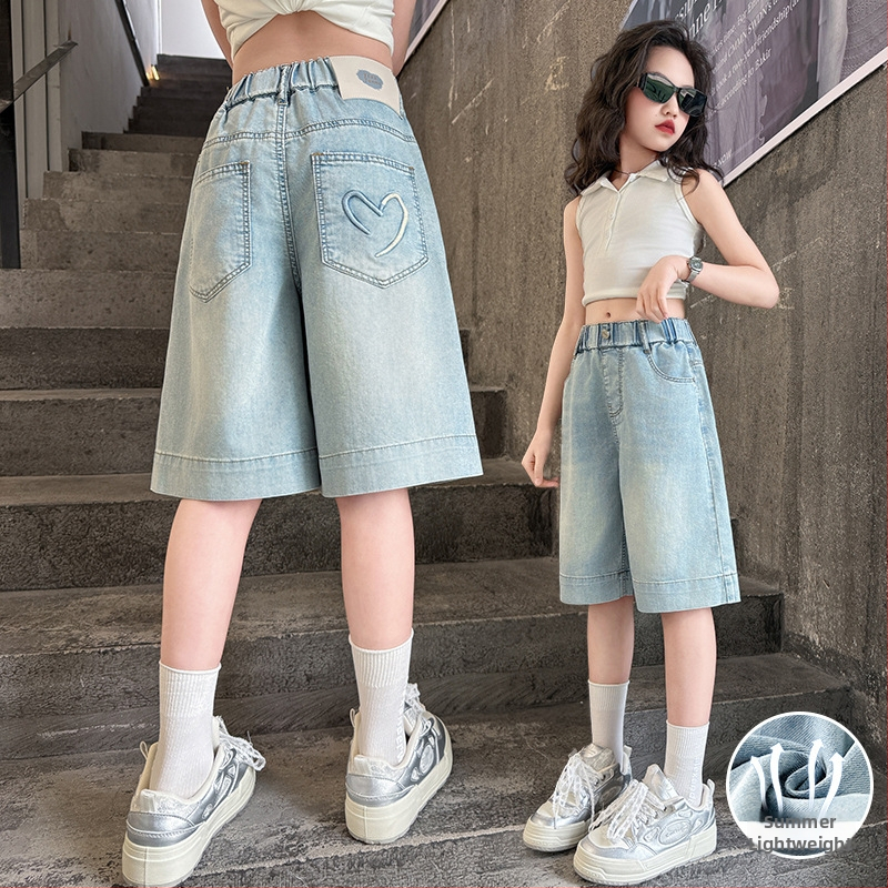 Meitenēm džinsu capri bikses Korejas stilā, augsts viduklis ar elastīgu jostu, denims ar 78,8% kokvilnu, mīksta apdare