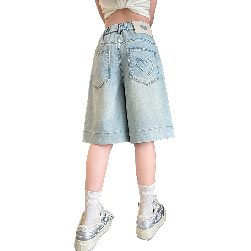 Дънкови капри за момичета, корейски стил, деним с 78,8% памук, висока талия, еластична лента, меко обработване