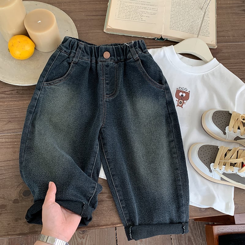 Дънкови панталони за момчета, корейски стил, висока талия, 48% памук, есен 2025, мека обработка