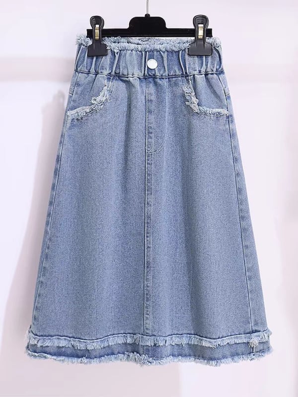 Mergaičių džinsinis A linijos sijonas, korėjietiškas stilius, poliesteris 45%, vientisas raštas, amžius 8+ metų (aukštis 140 cm+), vasara 2024