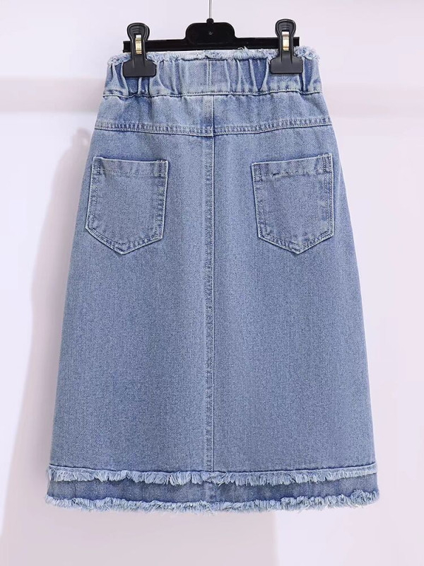 Mergaičių džinsinis A linijos sijonas, korėjietiškas stilius, poliesteris 45%, vientisas raštas, amžius 8+ metų (aukštis 140 cm+), vasara 2024