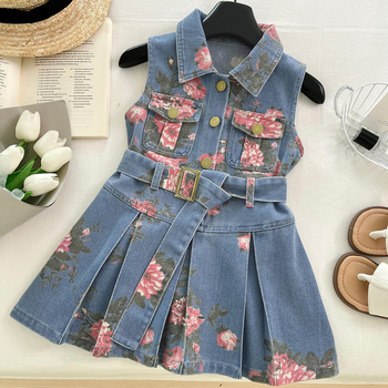 Rochie de denim pentru fetițe fără mâneci, imprimeu floral, 70% bumbac / 30% poliester, căptușeală din bumbac, vara 2025