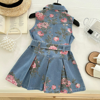 Rochie de denim pentru fetițe fără mâneci, imprimeu floral, 70% bumbac / 30% poliester, căptușeală din bumbac, vara 2025
