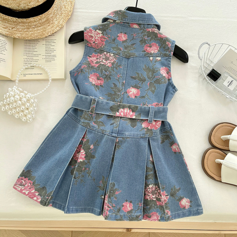 Rochie de denim pentru fetițe fără mâneci, imprimeu floral, 70% bumbac / 30% poliester, căptușeală din bumbac, vara 2025
