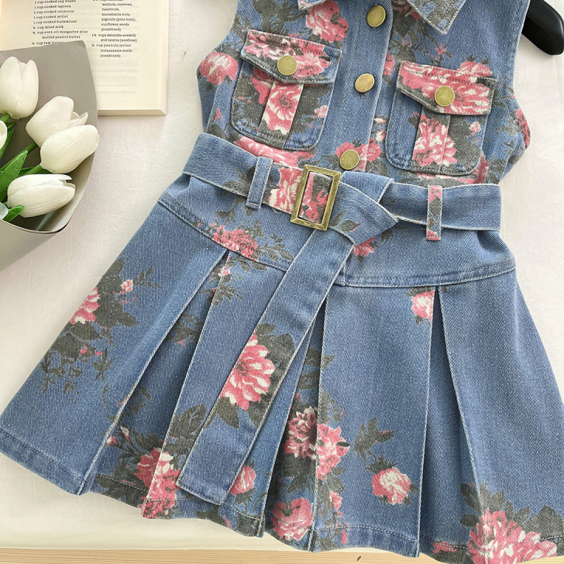 Rochie de denim pentru fetițe fără mâneci, imprimeu floral, 70% bumbac / 30% poliester, căptușeală din bumbac, vara 2025