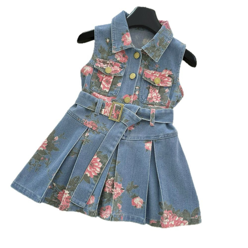 Rochie de denim pentru fetițe fără mâneci, imprimeu floral, 70% bumbac / 30% poliester, căptușeală din bumbac, vara 2025
