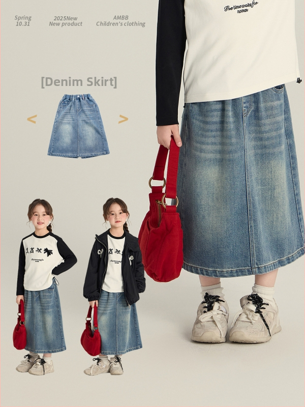 Mergaitėms džinsinis sijonas Korejos stiliaus su skylute, mikroelastinis džinsas, 80% medvilnė, 3–8 metų vaikams