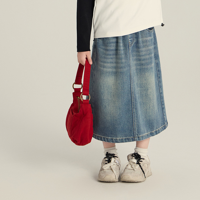 Mergaitėms džinsinis sijonas Korejos stiliaus su skylute, mikroelastinis džinsas, 80% medvilnė, 3–8 metų vaikams