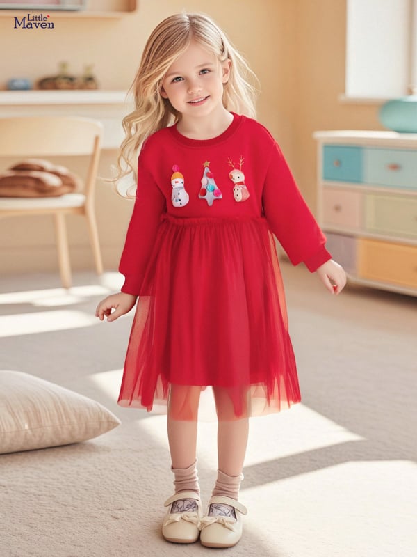 Little Maven Rochie din bumbac pentru copii, toamnă, stil prințesă, model desen animat, mâneci lungi, căptușeală poliester