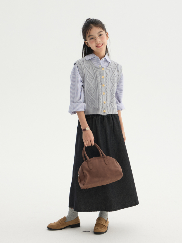 Mergaitėms džinsų sijonas - aukštas juosmuo, A linija, 70% medvilnė, minkštintas audinys, ruduo 2025