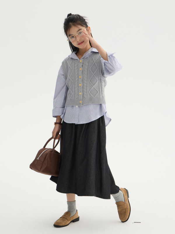 Mergaitėms džinsų sijonas - aukštas juosmuo, A linija, 70% medvilnė, minkštintas audinys, ruduo 2025