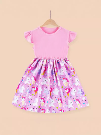 Детска лятна рокля за момичета, без ръкави, сладък стил, плат milk silk, А-линия рокля с карикатурен принт, за деца 1–3 години