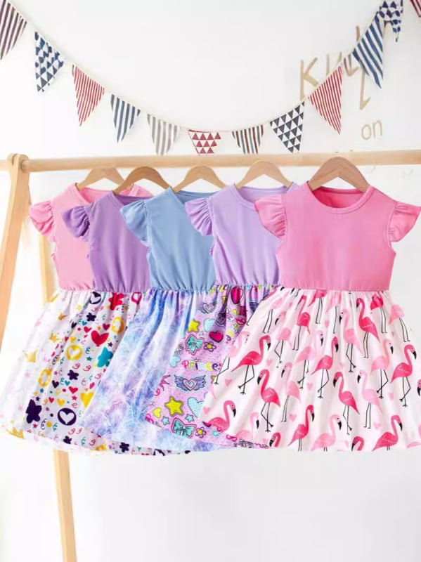 Детска лятна рокля за момичета, без ръкави, сладък стил, плат milk silk, А-линия рокля с карикатурен принт, за деца 1–3 години