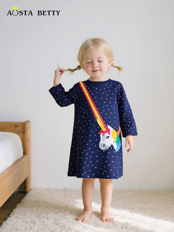 Lányoknak szóló ruha hímzett virágokkal, kötött pamutból, 100% pamut bélés, hosszú ujjú, hercegnő-stílusú mintával