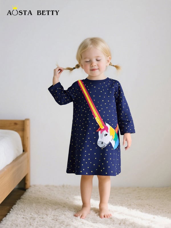 Lányoknak szóló ruha hímzett virágokkal, kötött pamutból, 100% pamut bélés, hosszú ujjú, hercegnő-stílusú mintával