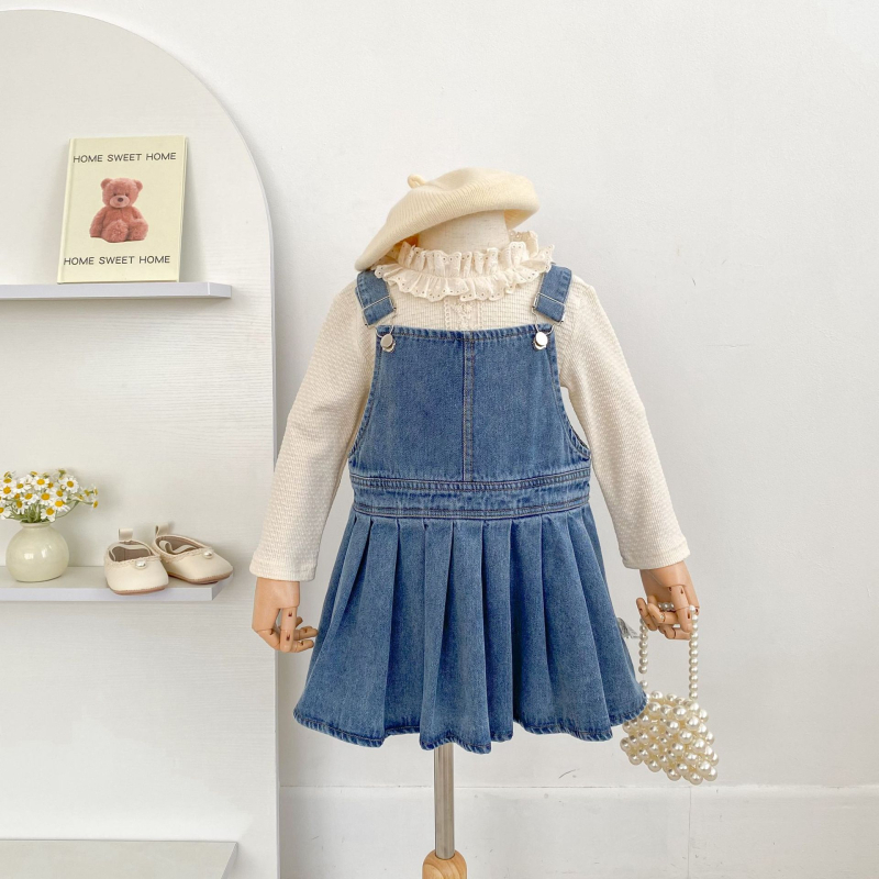 Gyerekeknek készült vállpántos pliszírozott szoknya, Koreai stílus, 66% pamut, 3–8 éveseknek, 2025 ősz