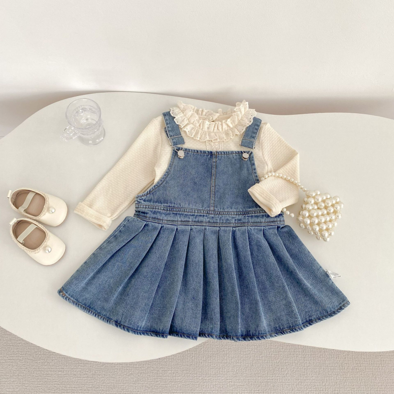 Gyerekeknek készült vállpántos pliszírozott szoknya, Koreai stílus, 66% pamut, 3–8 éveseknek, 2025 ősz