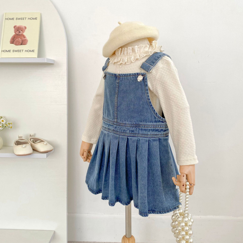Gyerekeknek készült vállpántos pliszírozott szoknya, Koreai stílus, 66% pamut, 3–8 éveseknek, 2025 ősz