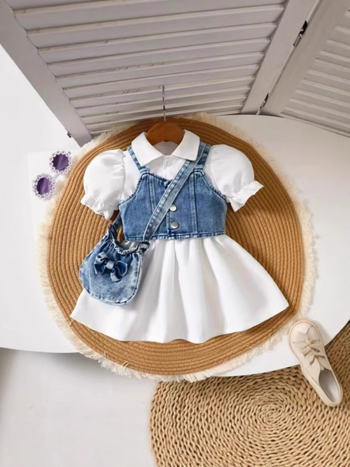 Két darabos készlet: puffos ujjú ruha és denim mellény, karikatúra mintával, 95% poliészter és 5% elasztán bélés, 3–8 éveseknek, nyár