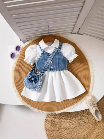 Két darabos készlet: puffos ujjú ruha és denim mellény, karikatúra mintával, 95% poliészter és 5% elasztán bélés, 3–8 éveseknek, nyár