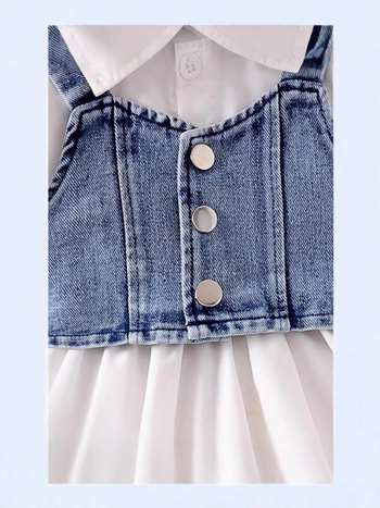 Két darabos készlet: puffos ujjú ruha és denim mellény, karikatúra mintával, 95% poliészter és 5% elasztán bélés, 3–8 éveseknek, nyár