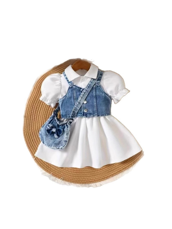 Két darabos készlet: puffos ujjú ruha és denim mellény, karikatúra mintával, 95% poliészter és 5% elasztán bélés, 3–8 éveseknek, nyár